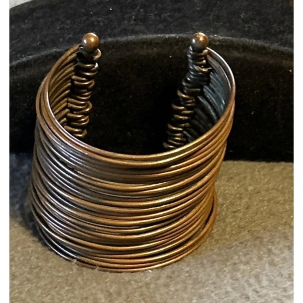 Copper Tone Coil Cuff Bangle Bracelet Wired Twisted Wide Modernist Boho 2 3/8